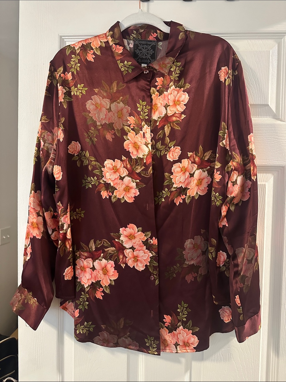 Johnny Was Burgundy Floral Satin Button-Down